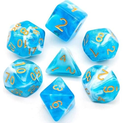 7Pcs/Set with Glitter Blue White DND Dice Set D4 D6 D8 D10 D% D12 D20 Polyhedral Dice for Role Playing Board Game DND RPG MTG