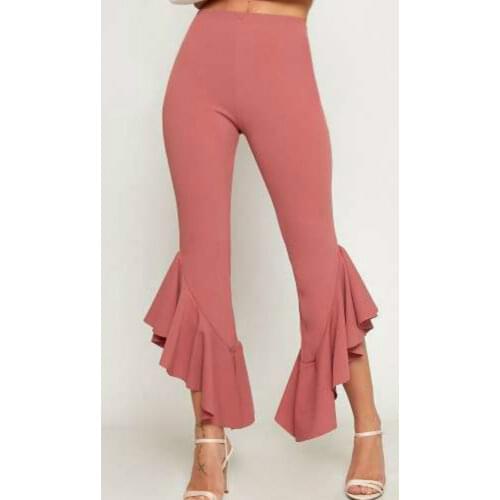 Women Pants Elastic Flared Trousers Ruffles Solid Black Blue Pink Elegant Bodycon Summer Fashion Female Casual Bell Bottoms New