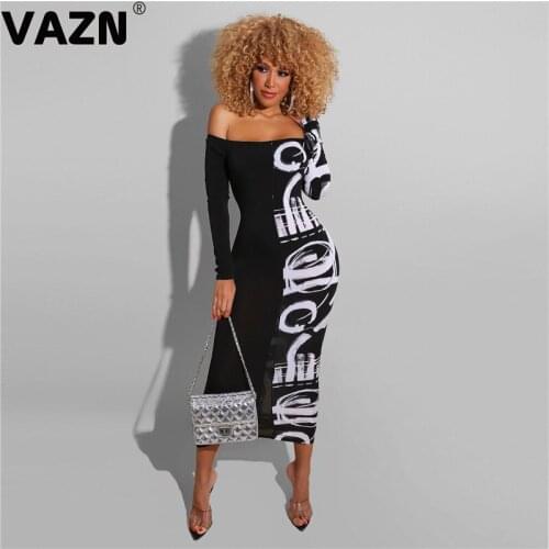 VAZN 2020 Women Elegant Off Shoulder Street Wind Chic Ladies Thin Female Dress Long Sleeve Party Going Out Wear Dress