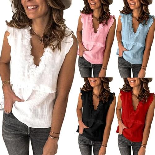 2020 Summer Office Lady Vest Solid Color Deep Lace V Neck Sleeveless Ruffled Edge Women Blouse Top