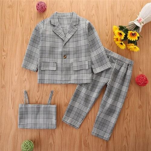 Fashion Girls Kids Plaid Print Clothes Suit Set Long Sleeve Lapel Neck Coat+Sleeveless Cropped Tops+Long Pants Outfit
