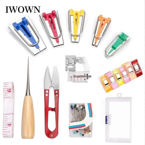 130Pcs Fabric Bias Tape Makers Kit Wooden Awl Straight Pins Plastic Clip Binding Presser Foot Tape Ruler for DIY Quilting Sewing