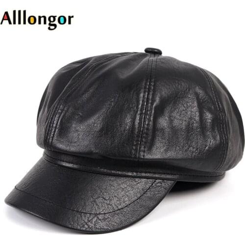 New Fashion 2020 Autumn Winter Octagonal Hat Black Pu Leather Newboys Cap Women french Beret Painter Hats Femme