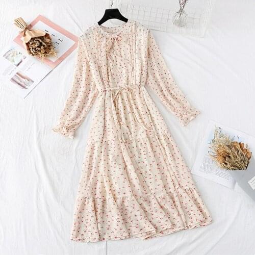 New Womens Floral Print Pleated Chiffon Dress 2020 Spring Autumn New Female Casual Flare Sleeve lace Up Bow Neck Basic Dresses