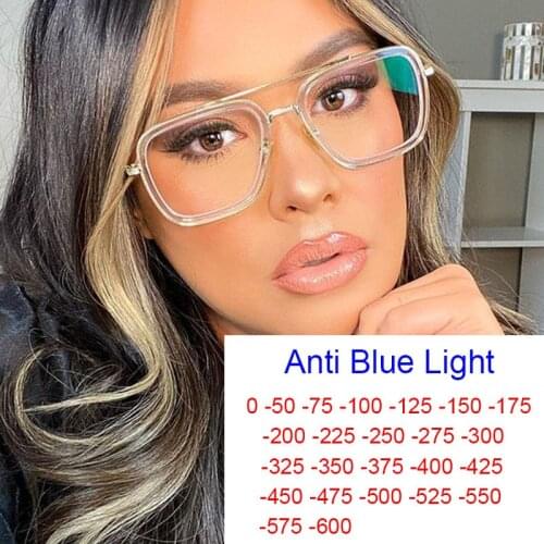 Clear Square Myopia Glasses Punk Style Anti Blue Light Blocking Computer Womens Spectacle Frames Prescription Eyeglasses +1 +2