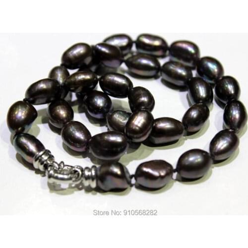 Big Black Freshwater pearl necklace Rice shape 9X11mm -10x15mm17.5INCH 44cm