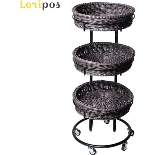 Movable Rattan Baseket Shelf Shopping Mall Convenience Store Fruit Vegetable Storage Rack Shop Merchandise Display Rack