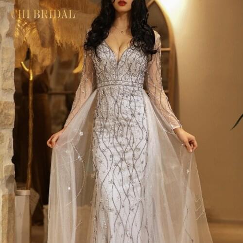 Luxury Silver Elegant Luxury Long-Sleeved Long Skirt Evening Dress Beading Formal Party Wedding Party Prom Dress