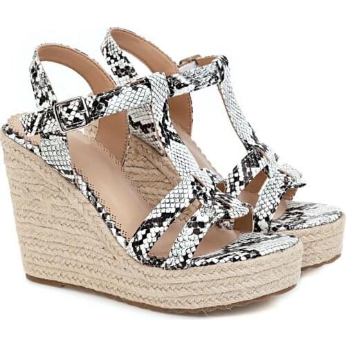 Fashion Python T-Strap Wedge Heel Sandals Platform Braided Wedged Heels Lady Peep Toe Snakeskin Cut-Outs Vacation Beach Shoes