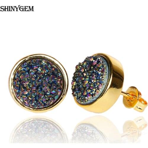 ShinyGem 10*10mm Round Natural Sparkling Crystal Druzy Earrings Cute Delicate Gold Plating Gem Stud Earrings For Women Girl Gift