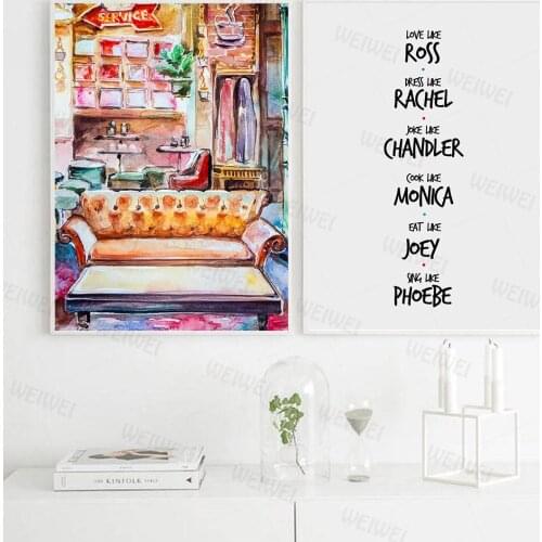 Friends Tv Show Poster Watercolor Sofa Canvas Painting Wall Art Classic Quotes Art Prints Wall Picture for Bedroom Home Decor