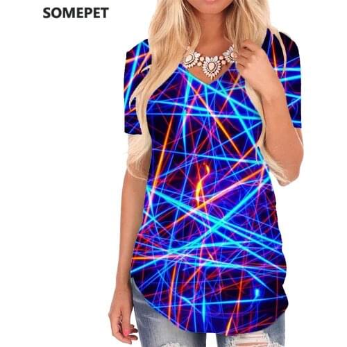 SOMEPET Neon Lights T-shirt women Abstract V-neck Tshirt Psychedelic T-shirts 3d Art Shirt Print Womens Clothing Summer Printed
