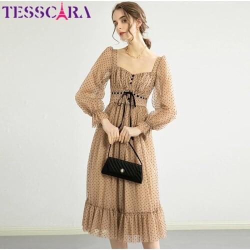 TESSCARA Women Spring Elegant Dot Mesh Dress Festa High Quality Long Vinatge Party Robe Femme Square Collar Designer Vestidos