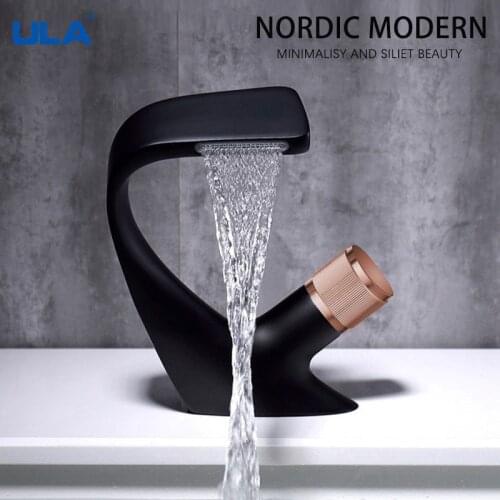 ULA Black Faucet Bathroom Sink Faucets Hot Cold Water Mixer Crane Deck Mounted Single Hole Bath Washbin Tap Chrome Finished