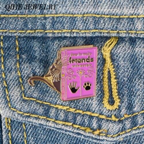 QIHE JEWELRY Animal Book pin Human and Cat Paw brooches Lapel pins Cartoon Cat brooches Gift for Friends