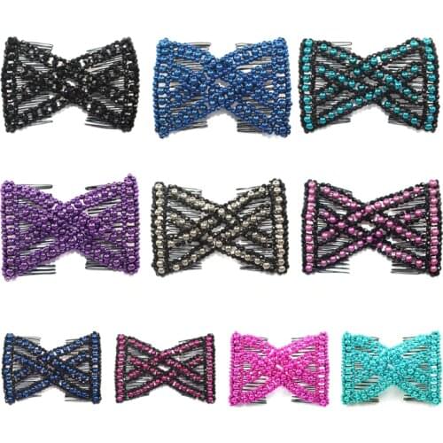 Women Pearl Beads Elastic Hair Combs Double Slide Magic Bun DIY Hairstyle Making Tool Metal Novelty Hair Clip Accessories