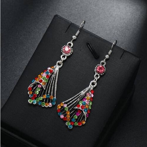 Bohemian Vintage Multilayer Colorful Rhinestone Geometric Earrings Jewelry Ethnic Hollow Long Dangle Earrings for Women Girls