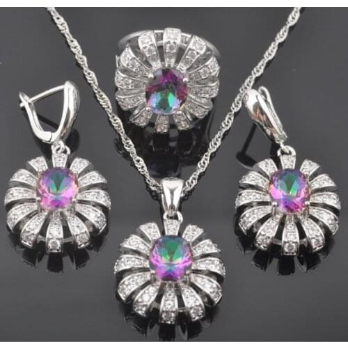 Russian Style Multicolor Rainbow Zircon CZ Womens Silver Color Jewelry Sets Earrings Pendant Necklace Rings QZ0469