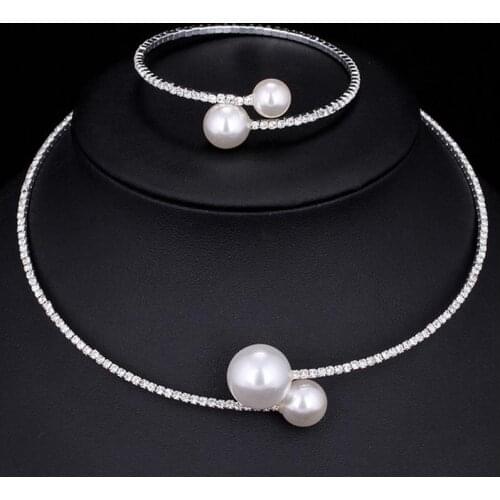 Fashion Bridal Jewelry Sets Elegant Pearl Crystal Circle Choker Necklace Bracelet Wedding Jewelry Sets for Women Brides Gifts