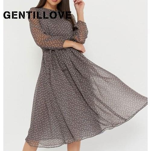 Gentillove Women Wave Point Loose Chiffon Pleated Mesh Lace Up Printing Lace Spring Sexy O-Neck Long Sleeve Casual Maxi Dress