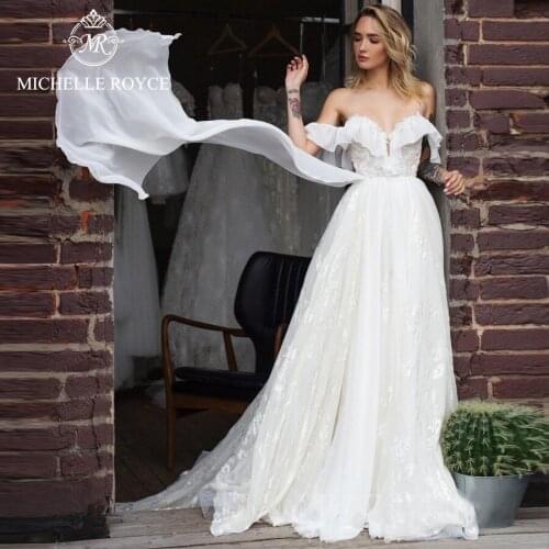 Michelle Royce A-Ling Wedding Dresses 2020 Sexy Sweetheart Ruffles Sleeve Lace Up Chapel Train Bridal Gowns Vestido De Noiva