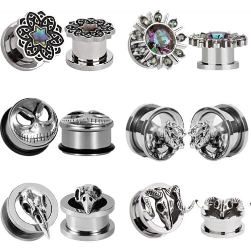 1Pair Dinosaur Bird Head Sheep Rainbow Zircon Flower Skull ear screw back plugs ear tunnel Expander Ear Taper Piercing Ear Gauge