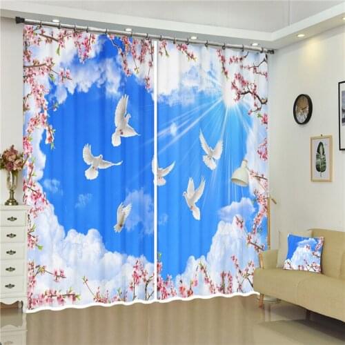 3D Curtain Print Blue Sky and White Clouds Pigeon Decorative Interior Beautiful Blackout Window Curtains Smooth Drapes