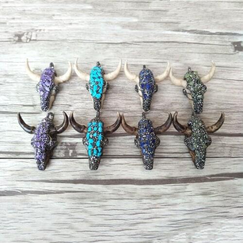 5 Pieces Pave Rhinestone crystal and stone horn cattle Tau Pendant,Longhorn bull oxhead Pendant for DIY jewelry necklace PD928