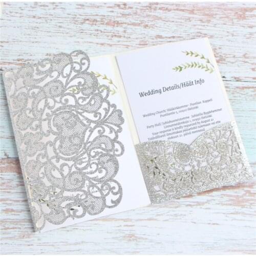 Glitter cards invitations tri-fold pocket wedding & party floral laser cut invites customized design 50pcs