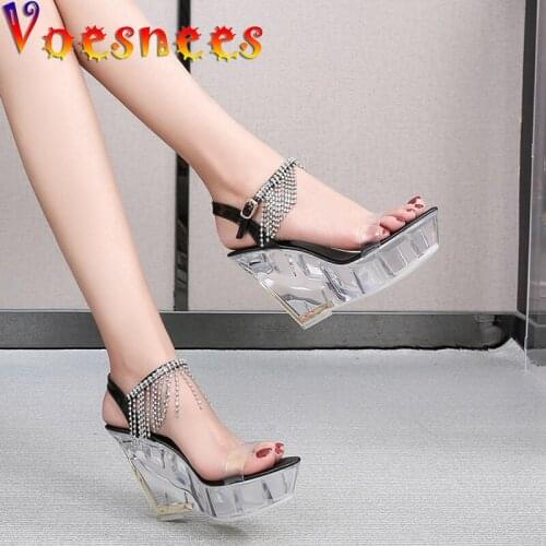 Voesnees High-heeled Sandals Women Transparent Crystal Waterproof Platform 10CM Wedge Female Shoes Fashion show Club Party Shoe
