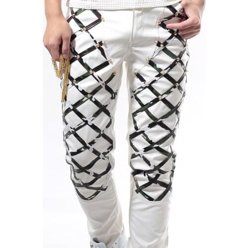 Nightclub singer dj costume Male Novelty Camouflage Rivets Leather pants Mens ds punk slim trousers