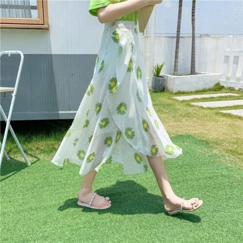 One piece chiffon skirt in summer Half length skirt lady lace up lotus leaf irregular fairy skirt chrysanthemum flower skirt