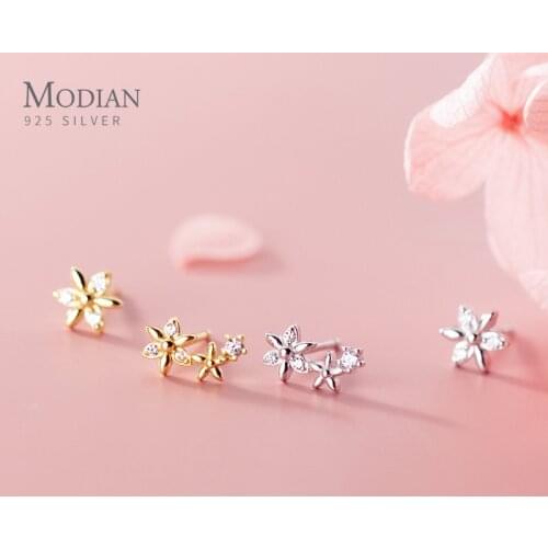 Modian Clear CZ Sweet Tiny Daisy Sun Flower Real 925 Sterling Silver Anti-Allergy Stud Earrings for Women Fine Jewelry Girl Gift