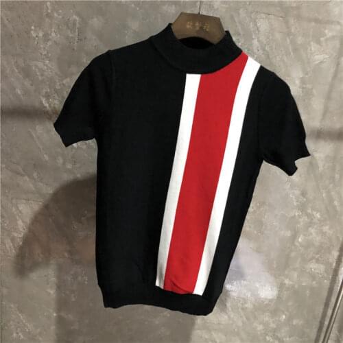 Mens autumn and winter new short-sleeved sweater half-turtleneck sweater stripe stitching base shirt half-sleeve