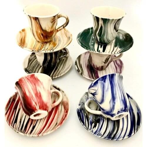 Handmade Set of 6 Ceramic Colorful Marbling Pattern Coffee Cups Traditional Turkish Coffee Set Made in Turkey
