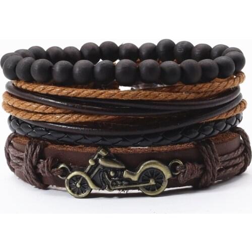 New 3-4 Pcs/set Vintage Bronze Motor Feather Believe Words Charm Men Leather Bracelets Women Femme Homme Male Jewelry