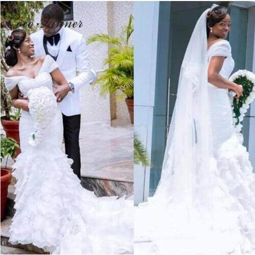 Pleat Ruffles Tassel Mermaid Wedding Dress Cap Sleeve New African Court Train White Elegant Bride Dress Wedding Gown W0403