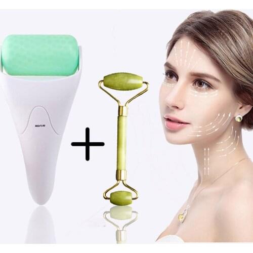 Ice Roller Double Head Facial Massage Roller Set Eye Neck Face Slimming Massager Green Nature Jade Roller Face Skin Care Tools