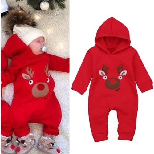 Christmas Newborn Baby Boys Christmas Elk Set embroidery Siamese Suit Girls Hooded Set Infant Christmas New Year Pajamas Romper