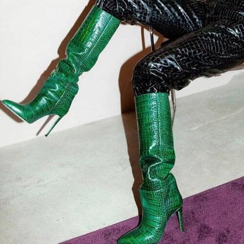 Stylish Green Python Pattern Women Knee High Boots Pointed Toe Slip-on Snake Print Leather Runway Boots High Heel Winter Shoes