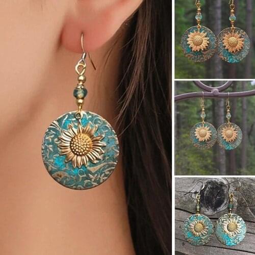 Separation Double Sunflower Exquisite Pattern Earrings Retro Fashion Earrings Bohemia