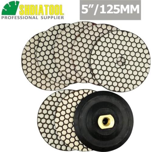 SHDIATOOL 7pcs 125MM/5" B Diamond dry polishing pads with a rubber backer Sanding Disc For Granite Marble Stone Polisher Pad