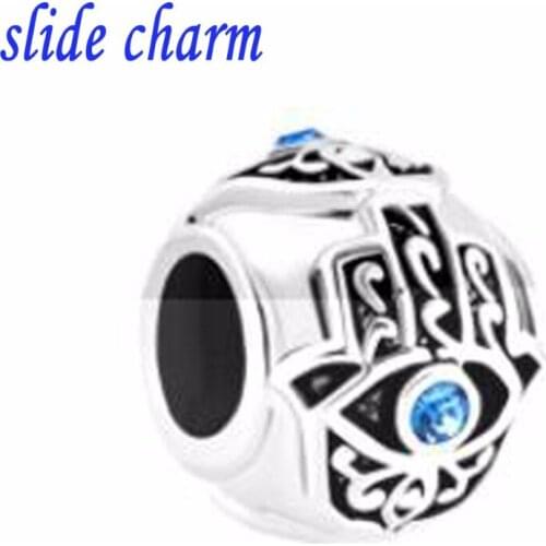 Slide charm Free shipping Valentines Day gift fashion crystal blue mosaic palm Evil Eye charm bracelet beads fit Pandora