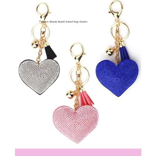 Love Heart Rhinestone Keychain Women Romantic Beads Crystal Leather Tassel Gold Key Holder Chain Ring Bag Car Pendant Jewelry