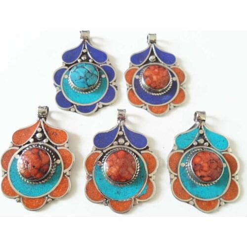 TBP773 Tibetan Copper inlaid Colorful Stone Pendants Nepal Vintage Handmade Jewelry