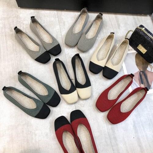 Single shoe womens spring 2020 shallow mouth breathable flat bottom pea shoes Square Head lazy knitting grandma shoes fashion