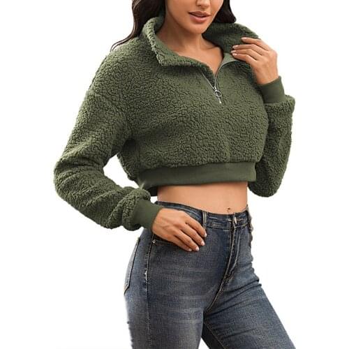 Womens Casual Fuzzy Fleece With Half Zip Fluffy Pullover Cropped Sweatshirt Outwear Winter Warm Tops