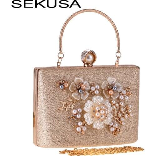 SEKUSA pearl women bag with beading diamonds chain shoulder evening bags for metal crystal box case purse wedding bags