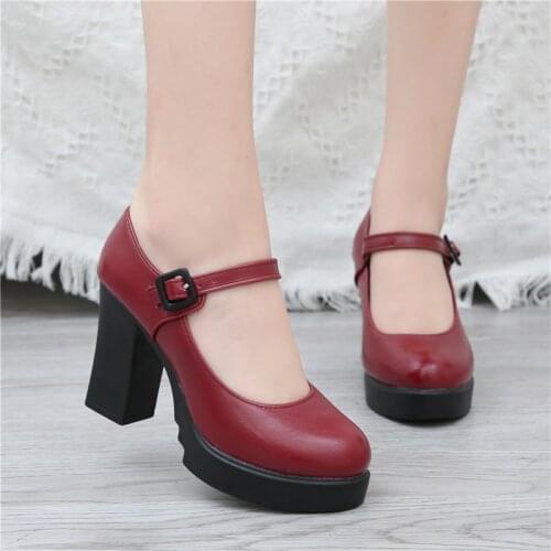 New Arrival Women Classic Pumps Shoes Spring Summer Black Leather Mary Jane Heels Fashion Buckle Platform Shoes Woman Size 35-41