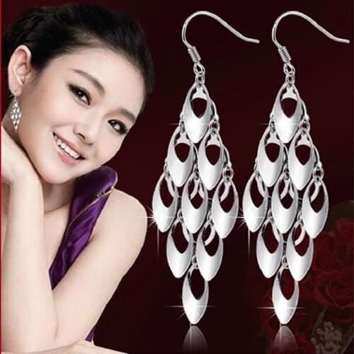 Female Korean Version Of The Peacock Tail Long Paragraph Exaggerated Tassel Silver Plated Hypoallergenic Advanced Earrings